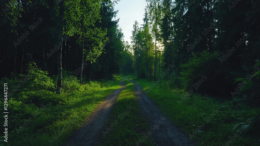 A forest path leads toward sunlight through tall green trees A forest path leads toward sunlight through tall green trees