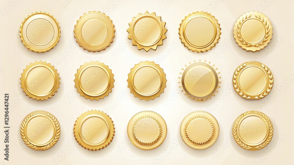 Collection of Golden Circular Award Badges with Various Decorative Elements for Achievement Recognition Collection of Golden Circular Award Badges with Various Decorative Elements for Achievement Recognition