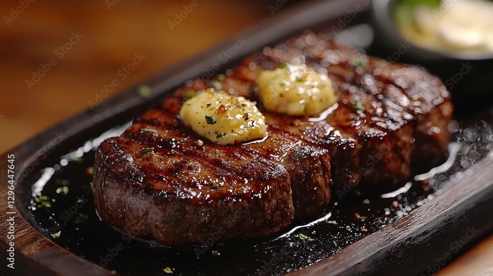 Sizzling Garlic Butter Steak on Wooden Platter with Herb Garnish Sizzling Garlic Butter Steak on Wooden Platter with Herb Garnish