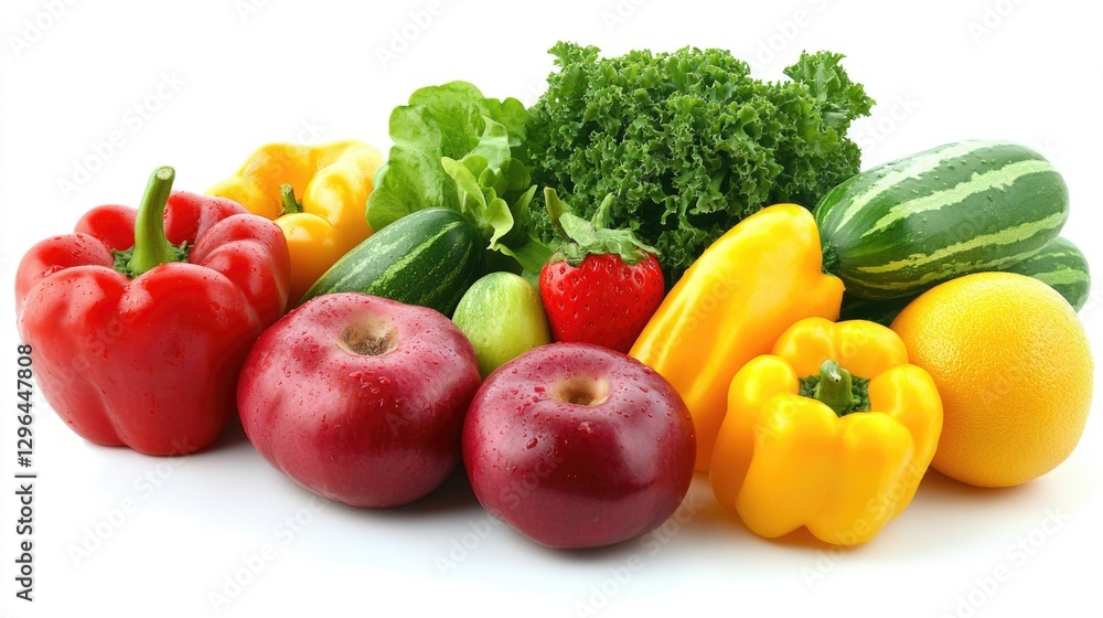 An assortment of fresh fruits and vegetables in a vibrant color palette, offering a healthy diet choice. An assortment of fresh fruits and vegetables in a vibrant color palette, offering a healthy diet choice.