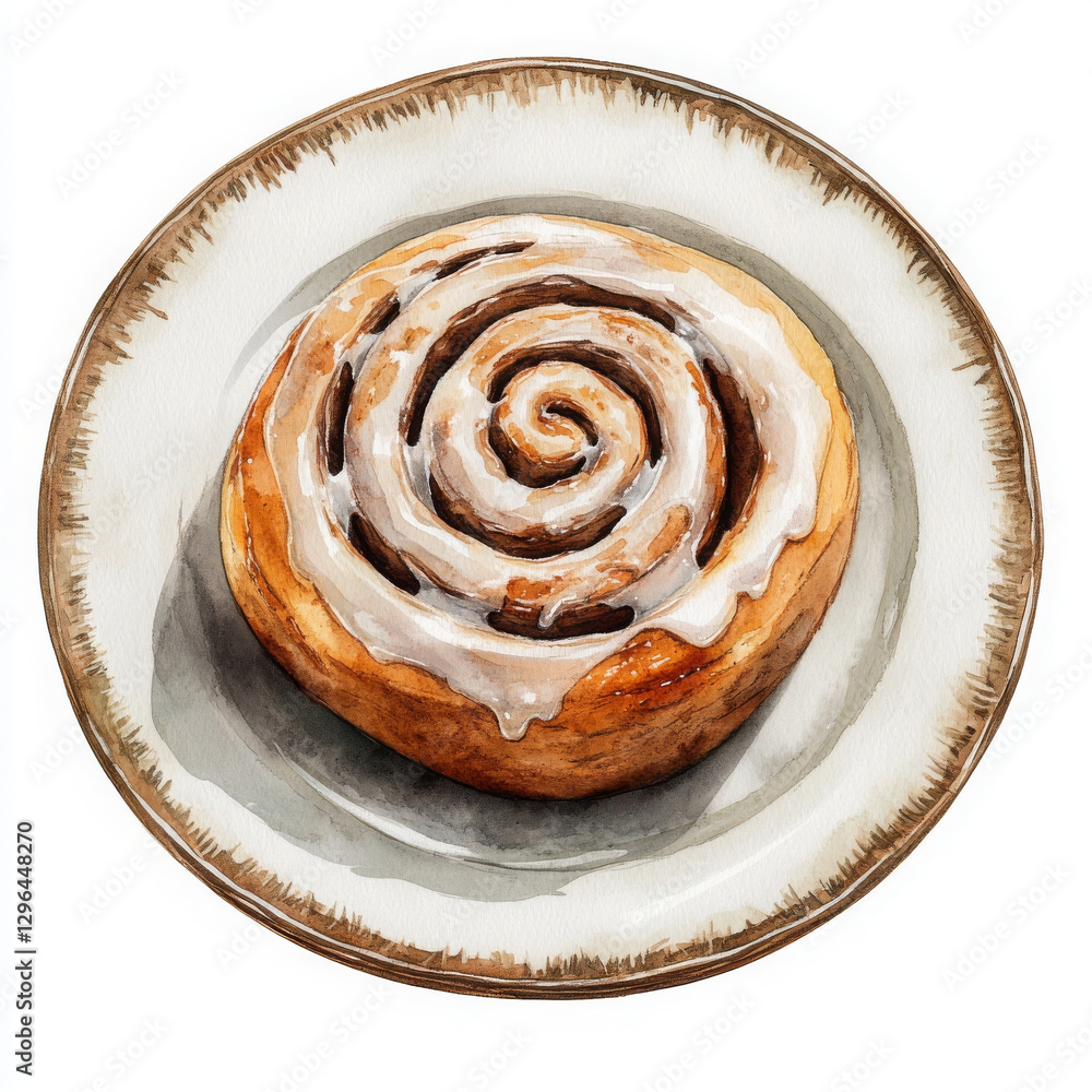 Fototapeta premium Watercolor cinnamon roll with white icing looks so delicious