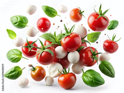 Floating Cherry Tomatoes, Basil & Mozzarella: Fresh Food Levitation Photography