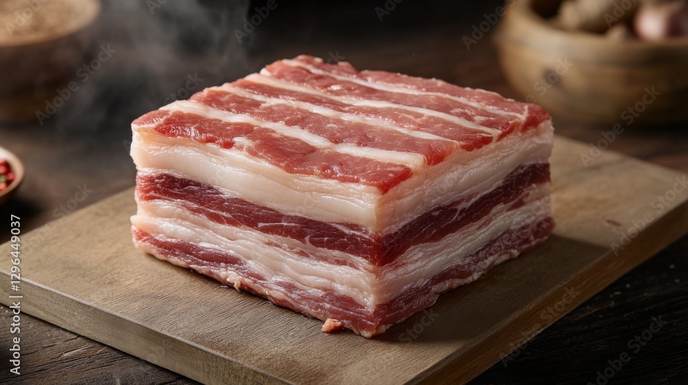 A close-up of raw pork belly with distinct layers of fat and meat, placed on a clean cutting board, ready for preparation, with a minimalist background A close-up of raw pork belly with distinct layers of fat and meat, placed on a clean cutting board, ready for preparation, with a minimalist background
