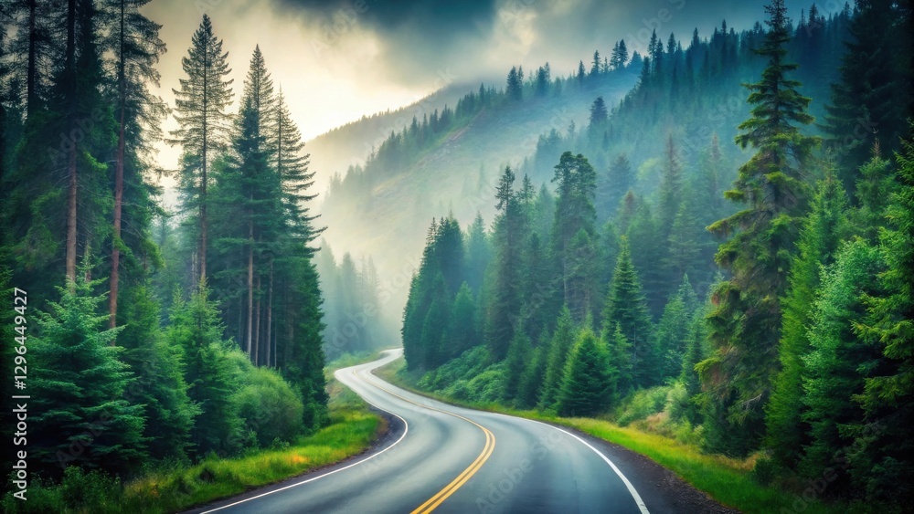 Scenic Winding Road Through Misty Evergreen Forest on a Serene Day Scenic Winding Road Through Misty Evergreen Forest on a Serene Day