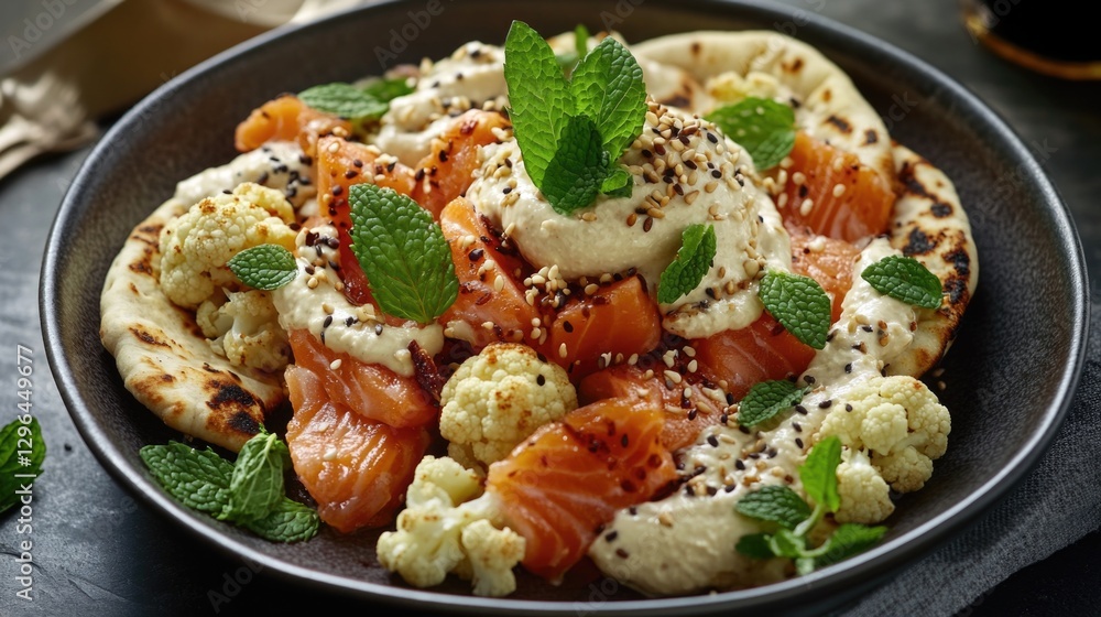 A delicious and healthy meal featuring smoked salmon, cauliflower, bread with dip, and garnished with seeds. This sushi-style dish is rich in nutrients and perfect for a balanced diet. A delicious and healthy meal featuring smoked salmon, cauliflower, bread with dip, and garnished with seeds. This sushi-style dish is rich in nutrients and perfect for a balanced diet.