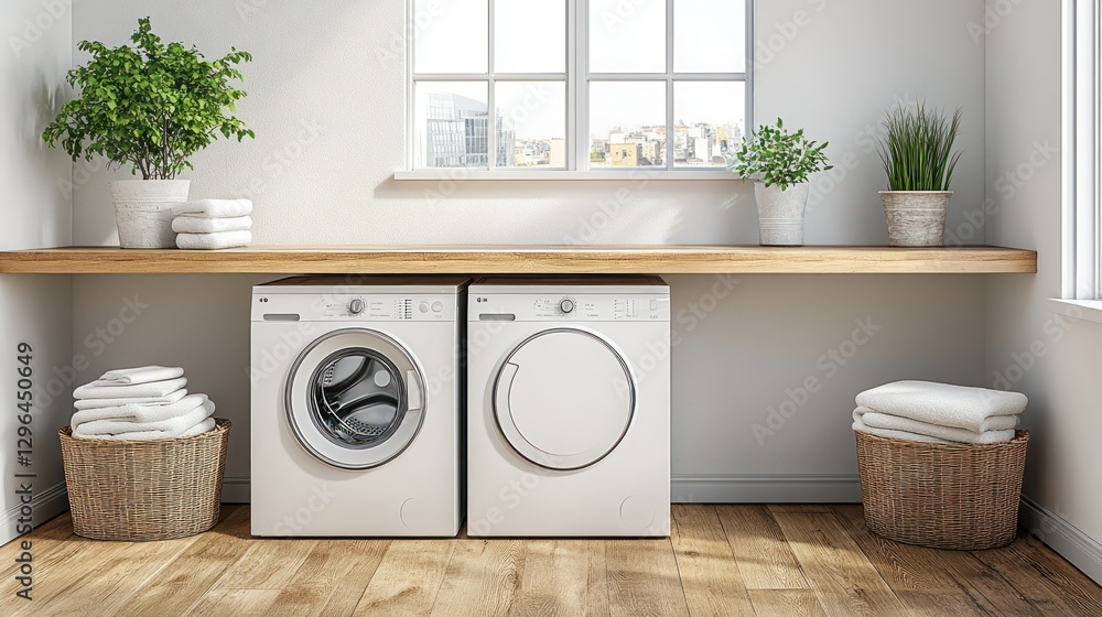 Modern laundry room with washing machine and dryer, sunlight streaming through window, city view in background. Possible use Home decor, interior design Modern laundry room with washing machine and dryer, sunlight streaming through window, city view in background. Possible use Home decor, interior design