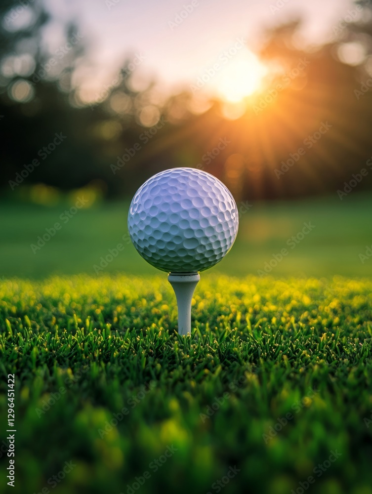 Golf ball on tee with blur green bokeh background at sunset . Golf ball on tee with blur green bokeh background at sunset .