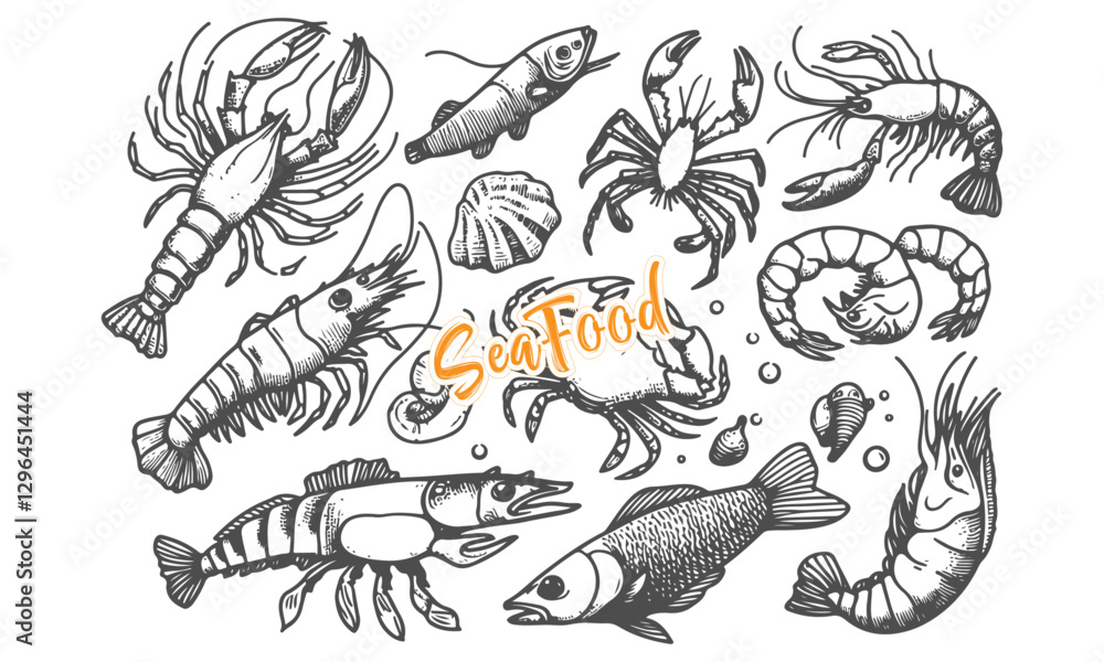 Fototapeta premium High-quality hand-drawn vector illustration of Hand Drawn Seafood 01 in a sketch style, perfect for design projects and digital art.