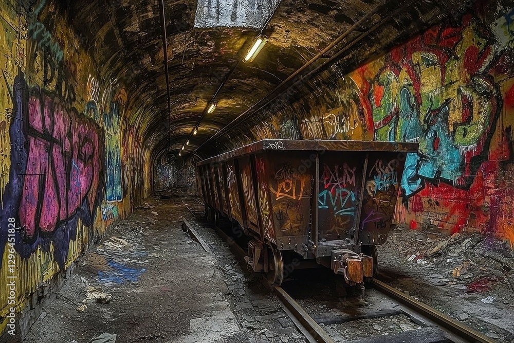 Naklejka premium Abandoned Subway Tunnel with Graffiti Murals A long-forgotten subway station