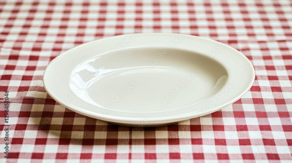 Flat lay photograph of a clean white plate on a red and white checkered cloth background, emphasizing simplicity and the absence of food. Flat lay photograph of a clean white plate on a red and white checkered cloth background, emphasizing simplicity and the absence of food.