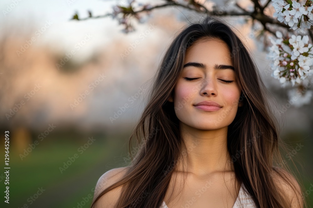 A young woman stands peacefully with eyes closed, embracing the beauty of cherry blossoms, portraying pure joy and a deep connection with nature in bright spring sunlight.