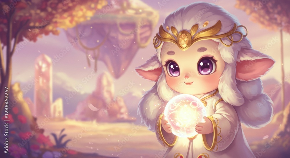 Naklejka premium Enchanting character holding a glowing orb in a magical landscape with floating islands and vibrant flora - light worker