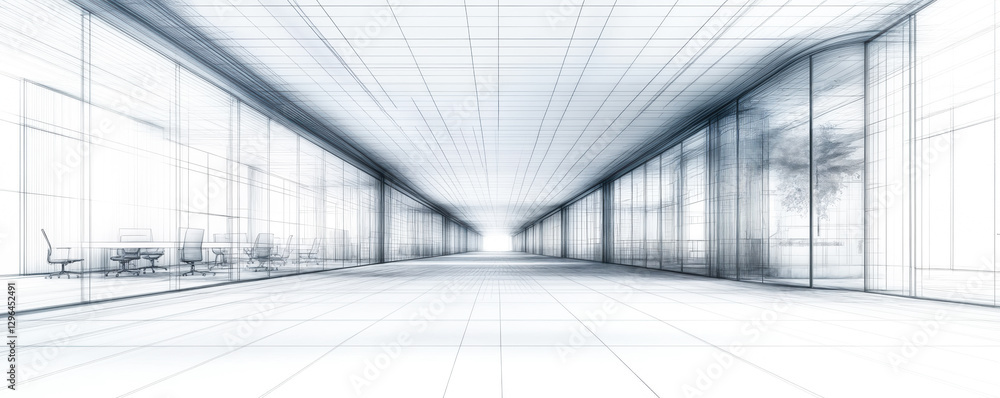 Modern Office Interior Design Draft with Glass Walls and Open Corridor Concept Showcasing Innovative Workspace Layout in a Professional Setting Modern Office Interior Design Draft with Glass Walls and Open Corridor Concept Showcasing Innovative Workspace Layout in a Professional Setting