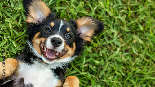 Happy puppy lying on its back in grass, looking up with a cheerful grin. Playful pup enjoying a sunny day in nature. photo