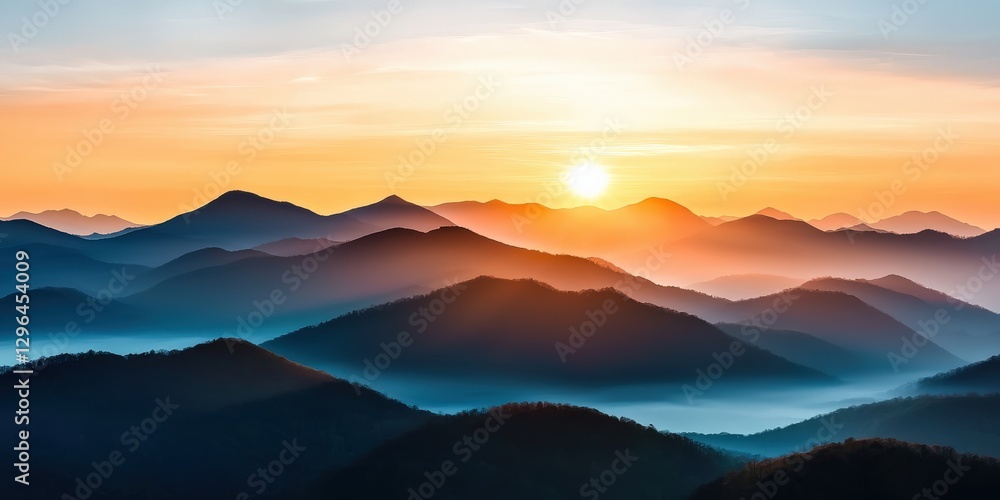 Obraz premium Soft rolling hills covered in morning mist, layers of distant mountains fading into the golden sunrise, peaceful and dreamlike scenery