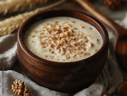 Food photo of a fresh sweet breakfast with cereal and milk photo