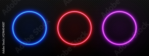 Neon round light. Frame circle with led glow. Set of laser rings for design isolated on transparent background.