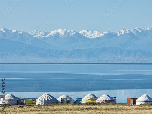 National Yurt camp on the shore of blue Issyk-Kul, Kyrgyzstan