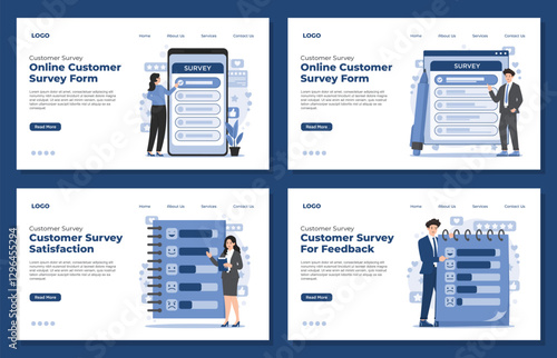 Set of landing page template customer survey and online survey concept feedback and business insights forms market research 