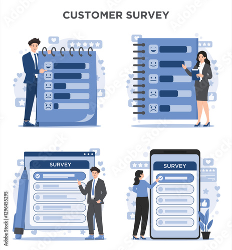 Set of customer survey and online survey concept feedback and business insights forms market research 