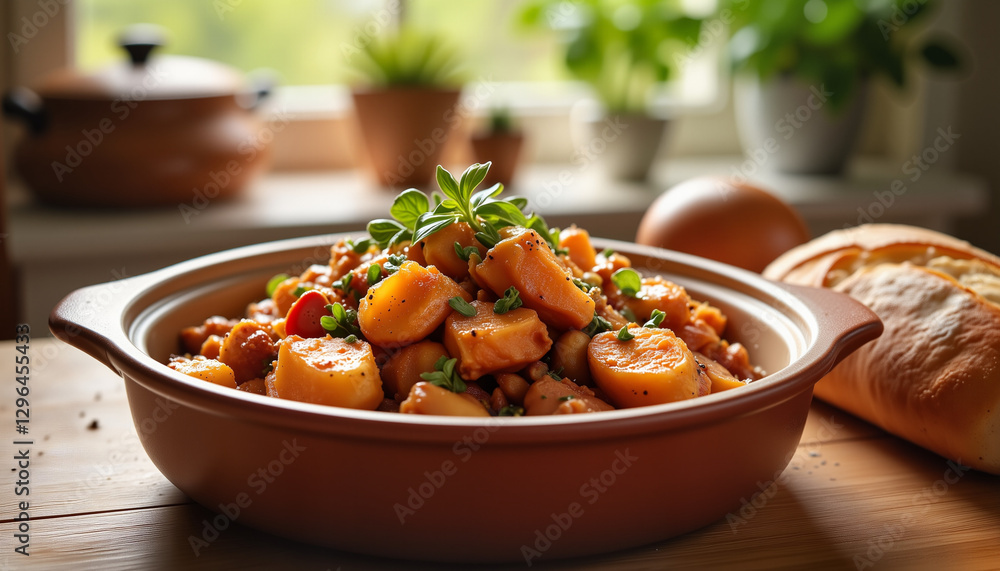 Hearty rustic stew in cozy kitchen setting, inviting warmth Hearty rustic stew in cozy kitchen setting, inviting warmth
