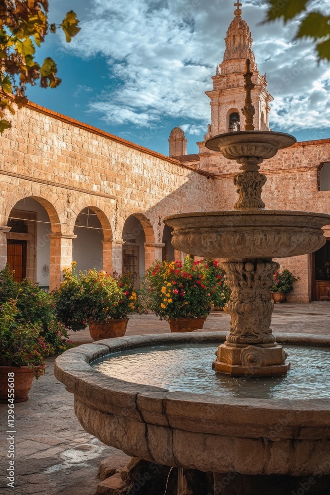 Obraz premium A fountain in a courtyard with a building in the background. The fountain is surrounded by potted plants and flowers