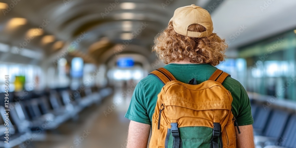 Obraz premium A young man with curly hair wearing a cap stands in a spacious airport terminal. He carries a yellow backpack and gazes ahead with excitement, surrounded by empty seating and a bright ambiance