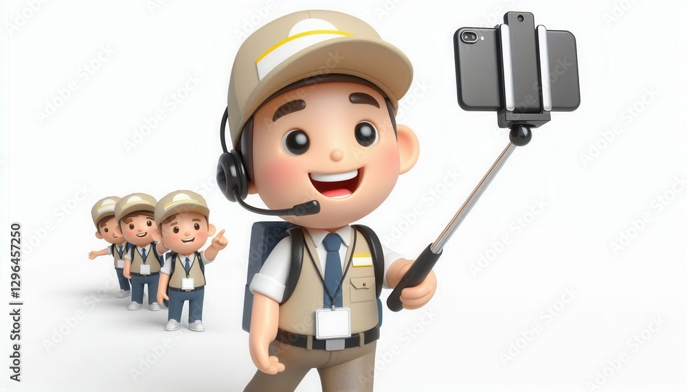 Selfie action by happy tour guide theme park digital illustration bright setting playful concept Selfie action by happy tour guide theme park digital illustration bright setting playful concept