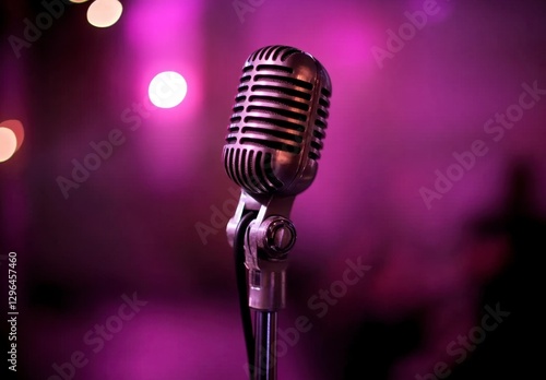 Retro Microphone on Stand with Purple Background and Bokeh Lights