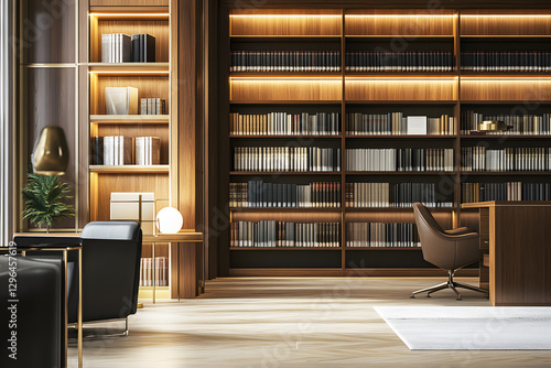 Law library with shelves of books and legal documents in a professional office. Law room office Library for study and learning. Interior photography detail of books on shelf in law firm.