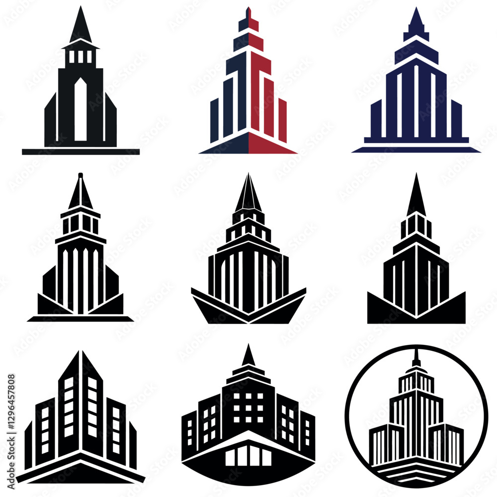 Fototapeta premium A set of Building logo concept, building icon, vector silhouette, isolated white background