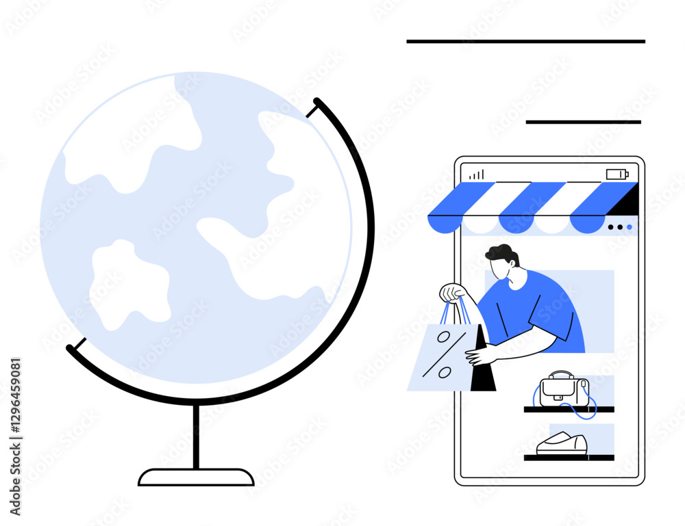 Globe and person shopping online with mobile device, store canopy. Ideal for globalization, e-commerce, online shopping, technology, international trade, digital markets consumerism. Abstract line Globe and person shopping online with mobile device, store canopy. Ideal for globalization, e-commerce, online shopping, technology, international trade, digital markets consumerism. Abstract line