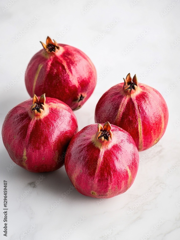 Four red pomegranates are sitting on a white counter. The pomegranates are ripe and ready to eat Four red pomegranates are sitting on a white counter. The pomegranates are ripe and ready to eat
