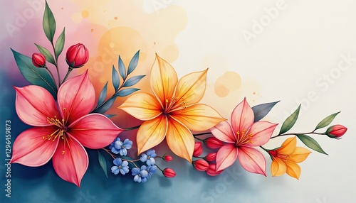Vibrant Bouquet Painting: Pink, Yellow, Orange, Blue Blossoms on a Blue and White Canvas. A watercolor painting of flowers on a blue background.