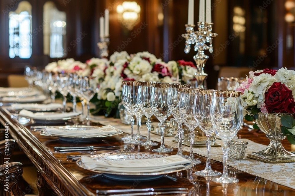 An opulent dining room with a long, polished mahogany table set for a lavish dinner party, complete with crystal glasses and fine china. An opulent dining room with a long, polished mahogany table set for a lavish dinner party, complete with crystal glasses and fine china.