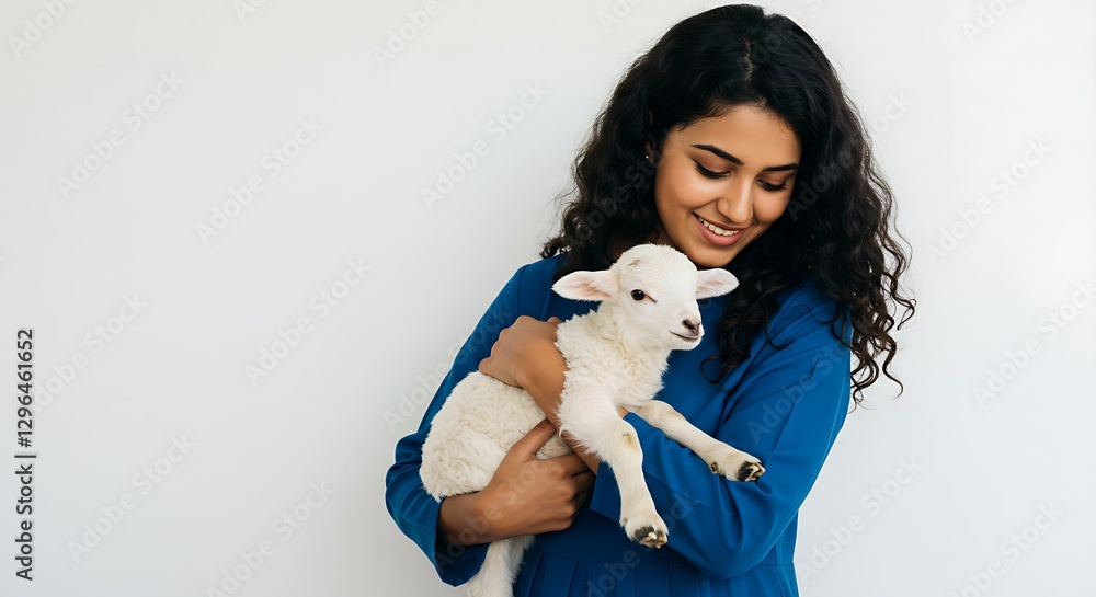 A child holding a small lamb, symbolizing compassion during Eid al-Adha, on a white background A child holding a small lamb, symbolizing compassion during Eid al-Adha, on a white background