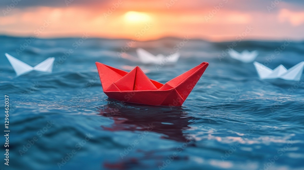Red paper boat leads others at sunset. (1) Red paper boat leads others at sunset. (1)