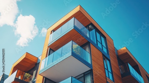 Modern apartment building exterior with panoramic windows and balconies in Scandinavian style under blue sky, showcasing contemporary residential design and urban real estate concept.