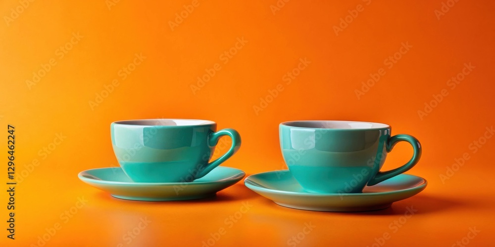 Two teal ceramic teacups on saucers against vibrant orange background, a minimalist still life of simple elegance and color contrast. Two teal ceramic teacups on saucers against vibrant orange background, a minimalist still life of simple elegance and color contrast.