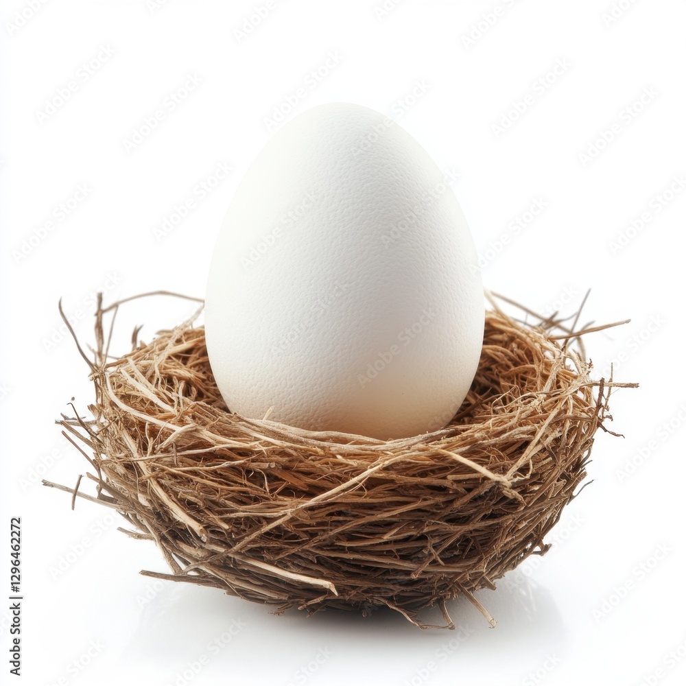 White Egg Nestled in Natural Straw Nest on White Background White Egg Nestled in Natural Straw Nest on White Background