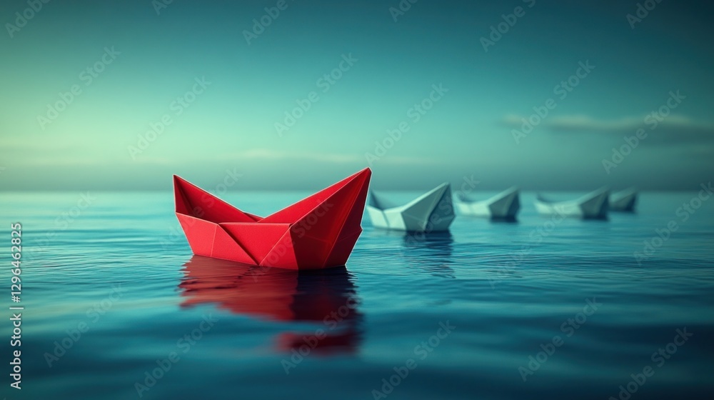 Obraz premium Red paper boat leads others on calm sea.