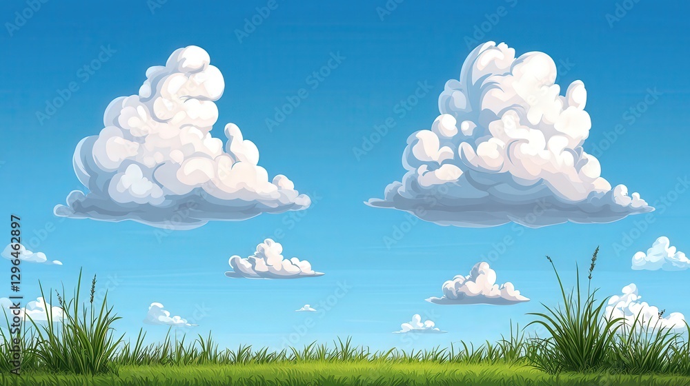 Fototapeta premium Beautiful cartoon landscape shows puffy white clouds in blue sky