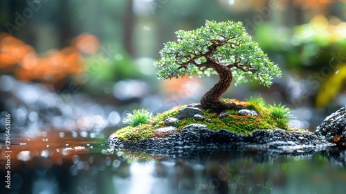 Miniature bonsai tree on rock island in water garden, autumn forest background photo