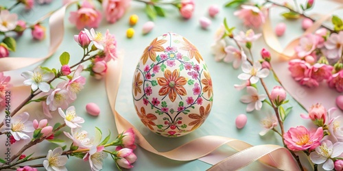 A delicately decorated Easter egg rests amidst blossoming branches and pastel ribbons, creating a springtime tableau. photo