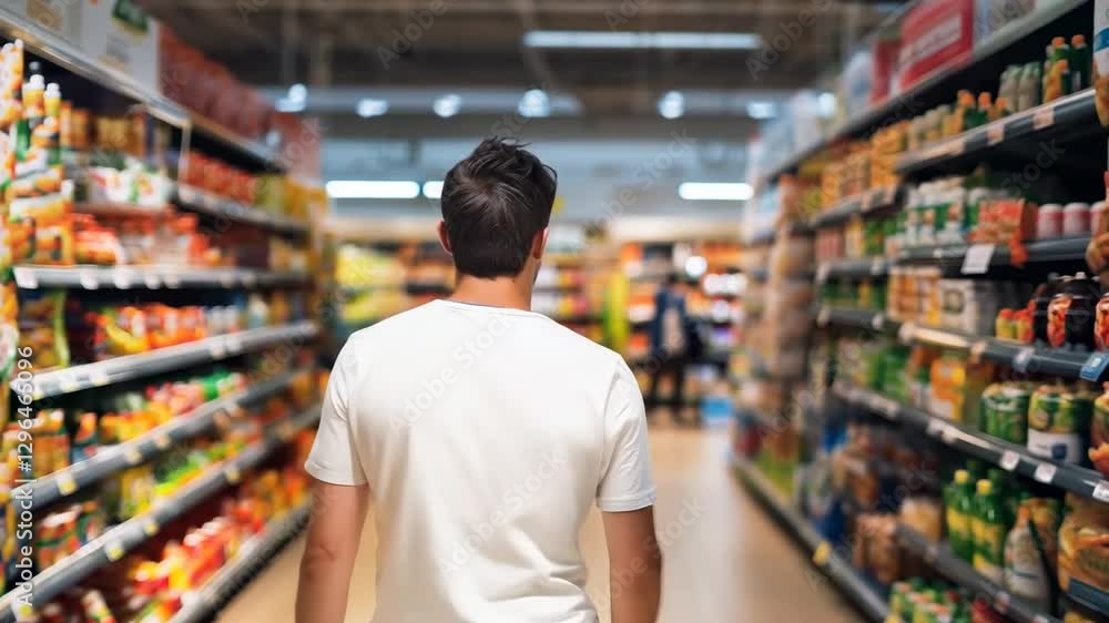 A young man walks through a supermarket aisle, browsing products on the shelves. The image represents grocery shopping, consumer choice, retail experience, food market, and daily life essentials A young man walks through a supermarket aisle, browsing products on the shelves. The image represents grocery shopping, consumer choice, retail experience, food market, and daily life essentials