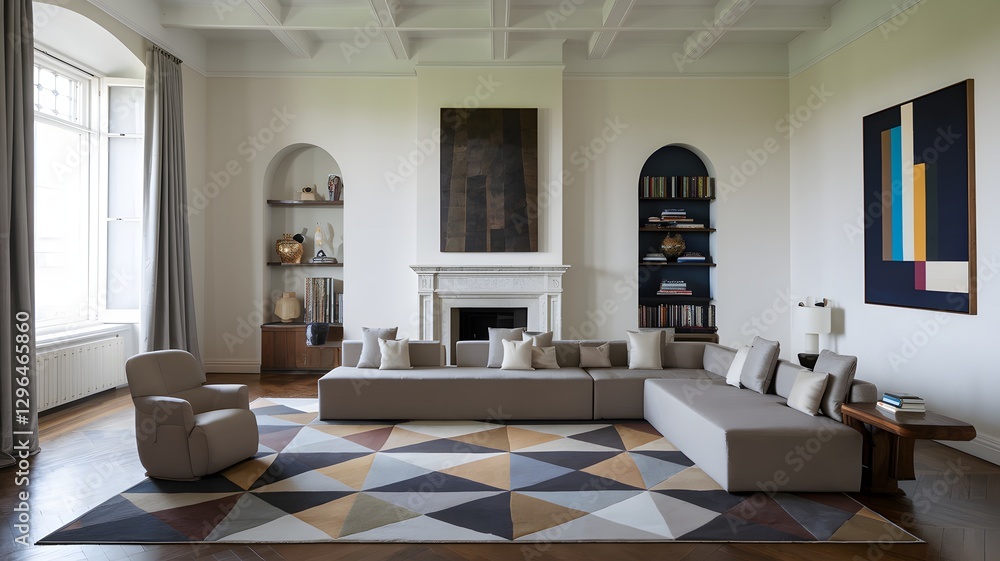 Fototapeta premium Spacious living room with a sectional sofa, modern art, and a geometric rug.