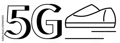 Large 5G text next to a streamlined racing car moving swiftly. Ideal for technology, internet speed, innovation, connectivity, communication, marketing, advertising. Line metaphor
