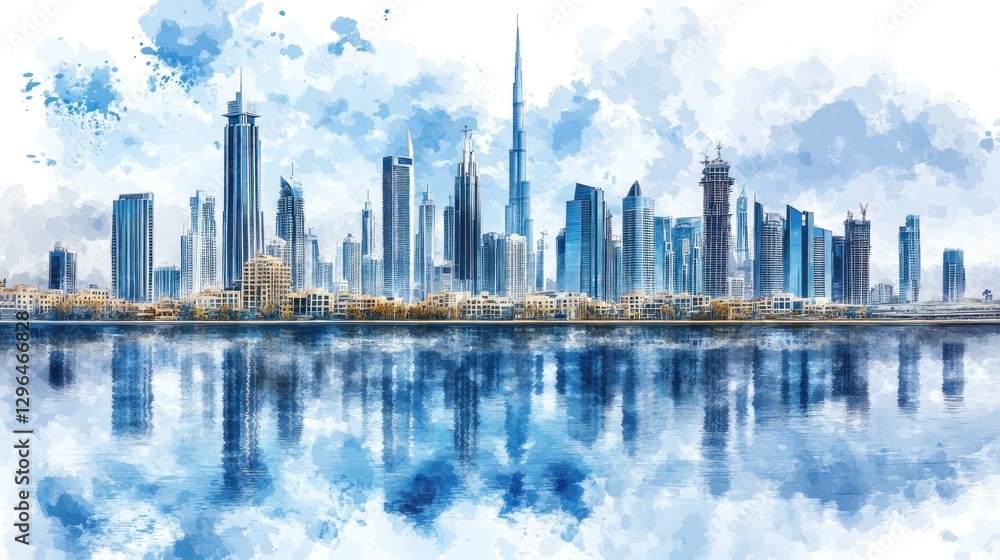 Obraz premium Dubai Skyline Watercolor Reflection