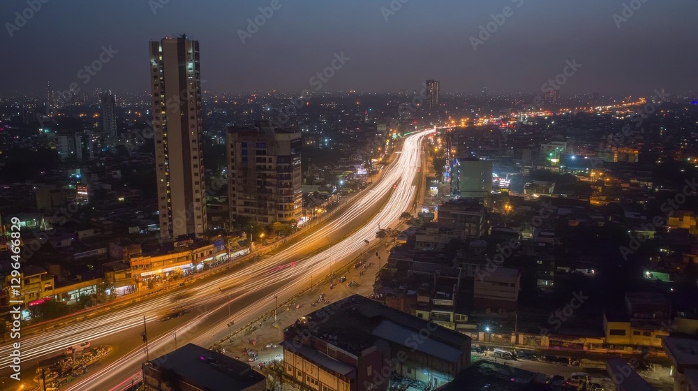 Urban Night Trails on Dark Highway with Bright Lights Urban Night Trails on Dark Highway with Bright Lights
