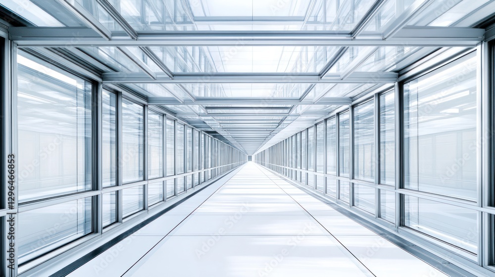 Glass walkway connecting buildings, bright interior, modern architecture, office background Glass walkway connecting buildings, bright interior, modern architecture, office background